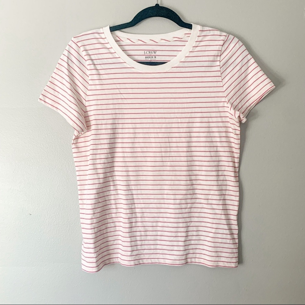 J Crew Broken in tee Pink White Stripes Small New with Tag